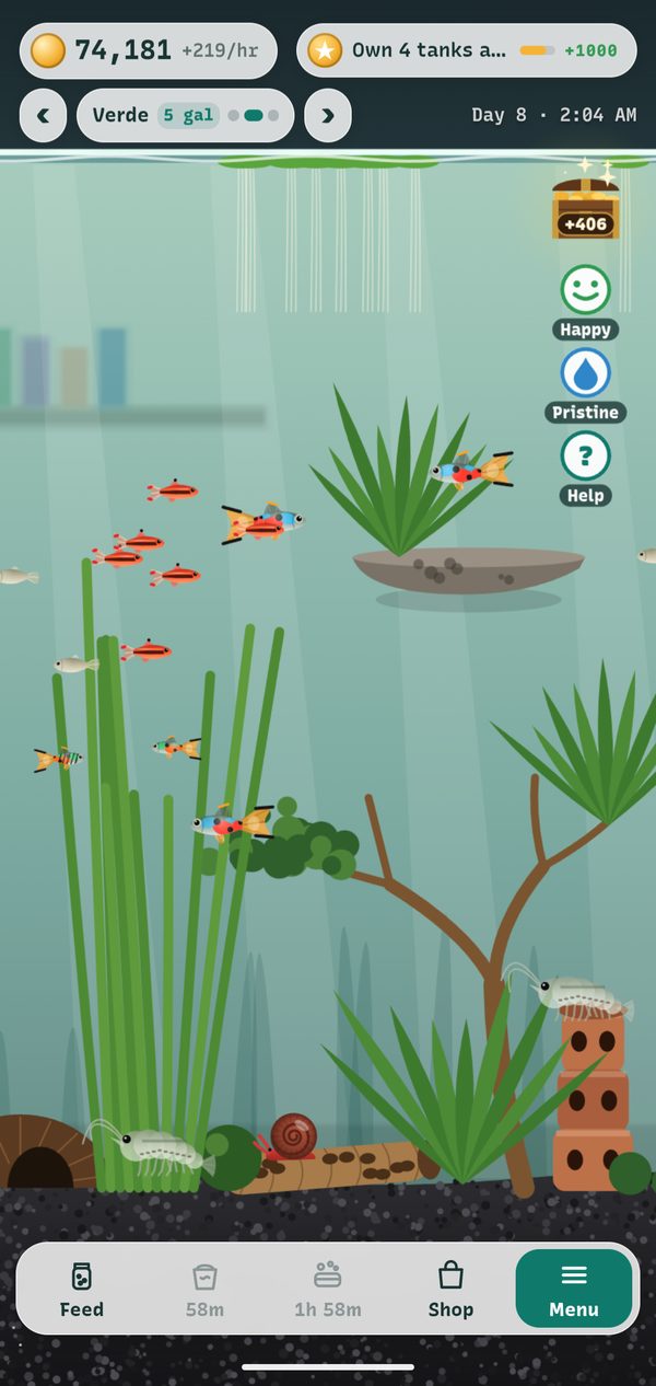 A planted 5 gallon tank with a school of small red fish, colorful livebearers, shrimp and a ramshorn snail among tall grass-like plants, driftwood and a plant on a rock ledge