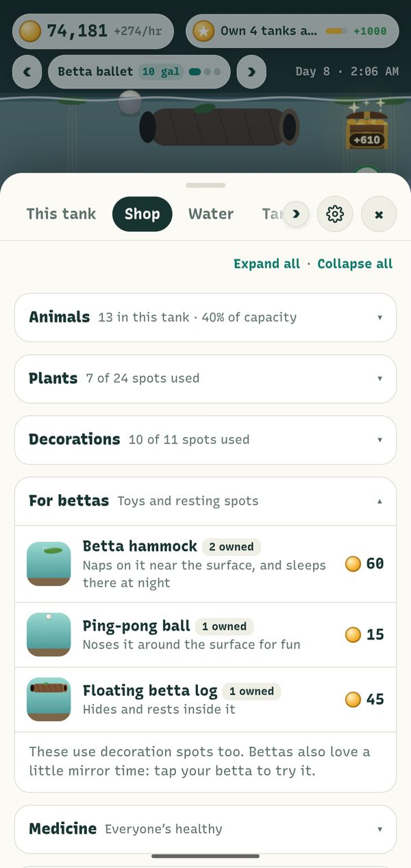 The Shop’s For bettas section, with a betta hammock, a ping-pong ball and a floating betta log
